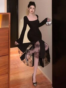 DAZY Vestido de encaje y parches elegante de longitud media para mujer, vestido de graduación de otoño - Negro - Ver 3