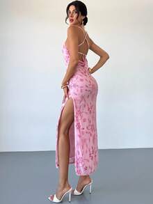 Firerie 女士优雅性感花卉亮片露背交叉肩带长裙，适合度假、约会、派对、毕业典礼、舞会 - 粉色 - 粉色 - 查看 4