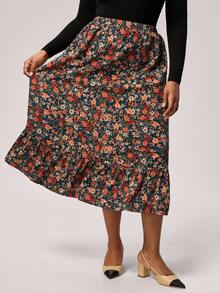 SHEIN Tall CURVE Plus Size Women Floral Ruffle Hem Skirt, Western Wear Women, Boho, Hippie, Cowgirl - Multicolor - View 3