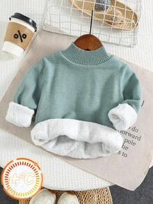 SHEIN 绿色返校款年轻男孩高领厚款休闲保暖内衬毛衣，适合秋冬季上学、居家和外出穿着