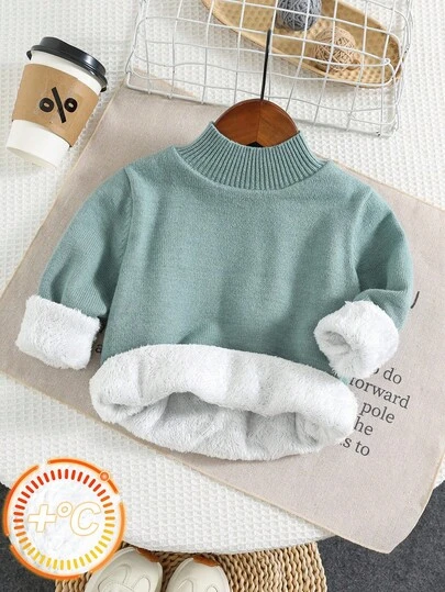 SHEIN 绿色返校款年轻男孩高领厚款休闲保暖内衬毛衣，适合秋冬季上学、居家和外出穿着