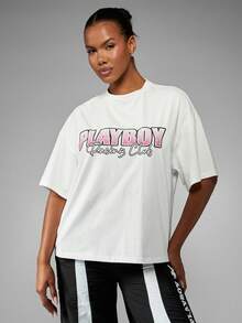 Missguided x Playboy Racing Club Vintage Style Cotton T-Shirt With Pink Racing Car Design Oversized Fit Basic Short Sleeve Casual Summer Streetwear - White - View 5