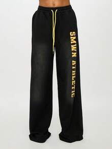 SUMWON WOMEN 宽腿学院风慢跑裤抽绳腰宽松街头风格嘻哈休闲运动裤秋冬家居服 - 黑色 - 查看 8