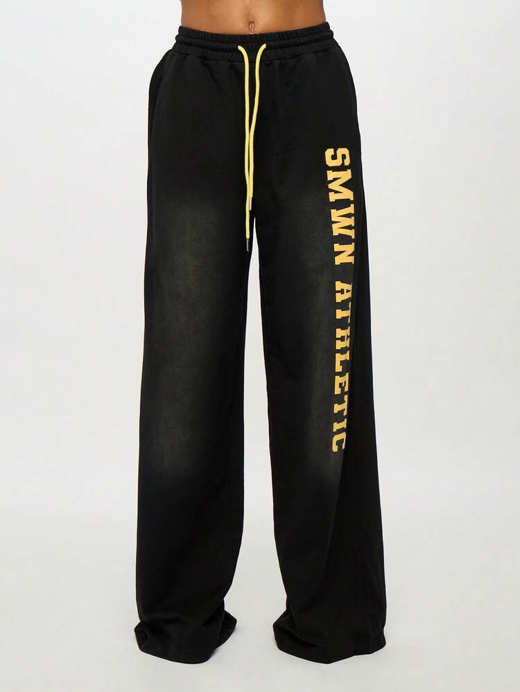SUMWON WOMEN Wide Leg Jogger Pants With Drawstring And Side Text