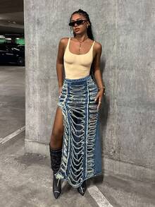 StreetHx Váy mini denim xẻ cao phong cách đường phố gợi cảm - Rửa trung bình - Xem 1