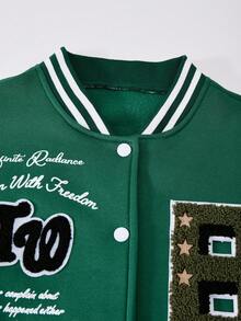 SHEIN Explorewe 女童休闲拼布夹克，正面和袖子绣有字母，斜插口袋，白色纽扣，适合上学、通勤、购物、运动、郊游，可搭配长袖、背心、裤子、运动裤 - 綠色 - 查看 6