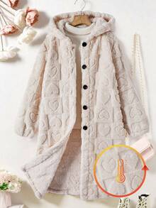 SHEIN Explorewe Tween 女童心形装饰长袖连帽休闲羊毛夹克，秋冬 - 彩色 - 查看 1