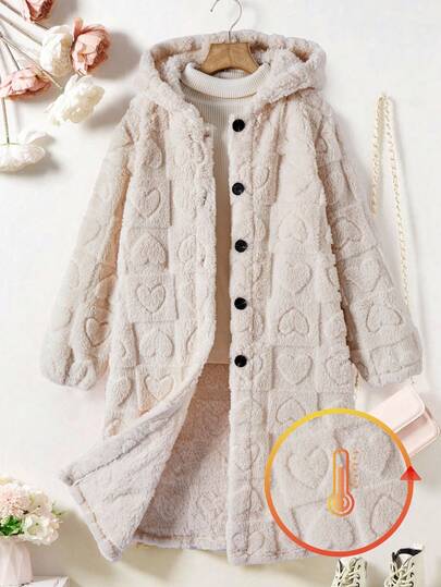SHEIN Explorewe Tween 女童心形装饰长袖连帽休闲羊毛夹克，秋冬