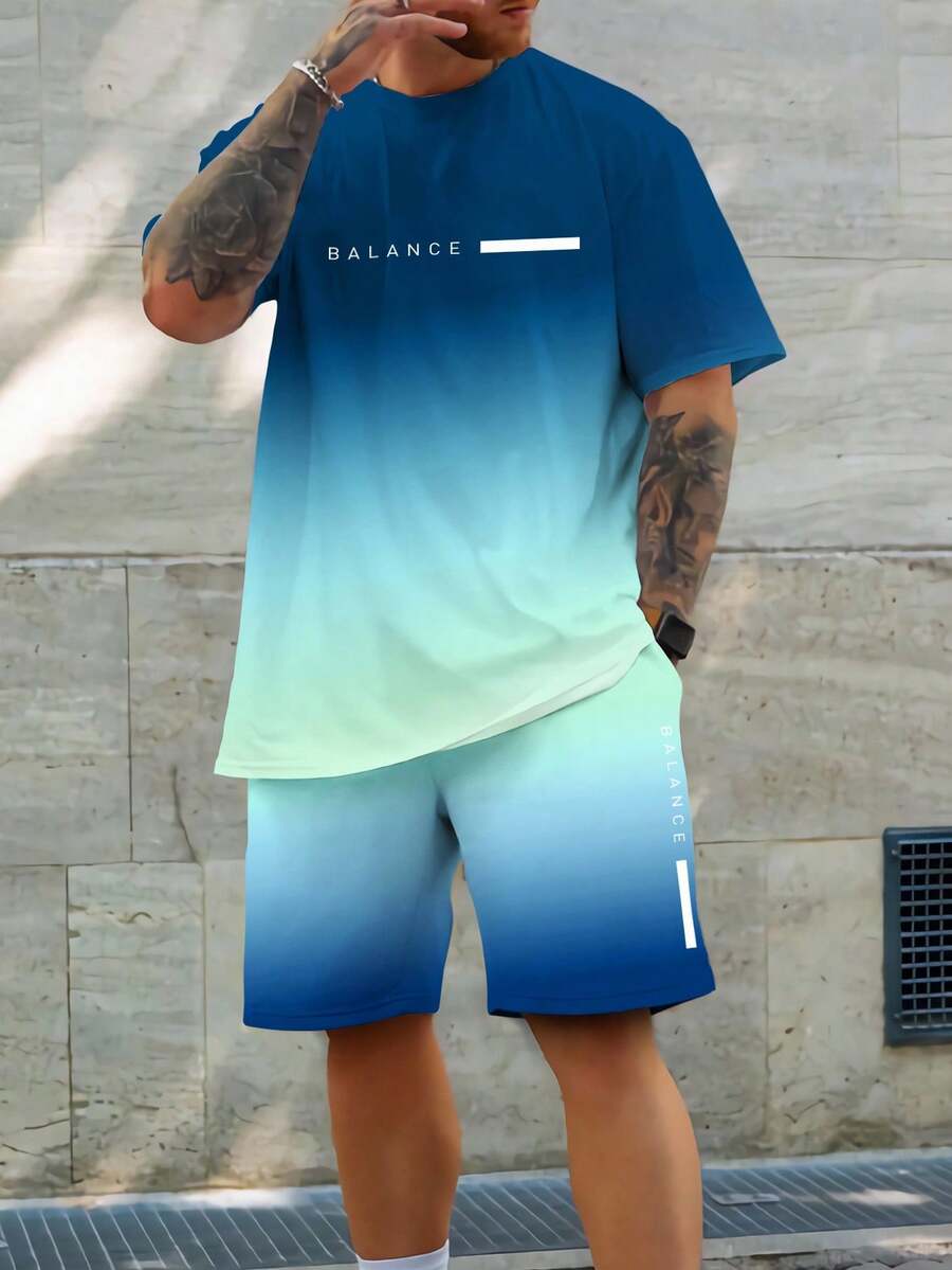 Manfinity LEGND Men's Summer Letter Ombre Printed Round Neck Casual Short Sleeve T-Shirt And Drawstring Waist Shorts Set - Multicolor - View 1