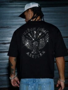 AXEPEAK 男式宽松老鹰印花水钻短袖T恤 - 黑色 - 查看 1