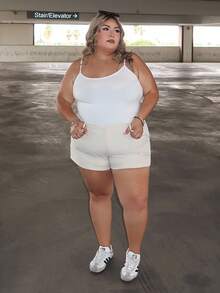 Enliva Melanieangelese Plus Size Solid Color Shorts With Slanted Pockets, For Apple Rounded Body Shape, For Body Shape, For Summer - Beige - View 5