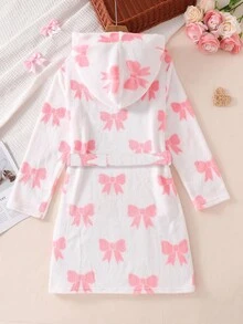 Girls' White Strawberry Print Long Sleeve Hooded Long Robe Sleepwear Toddler Robe Girl Robe With Pink Bows Fall Winter - Multicolor - View 2