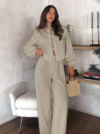 Women Solid Color Wide Leg Baloon Sleeves Front Bow Tie Details Two Pieces Set