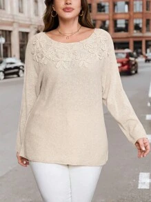 SHEIN Clasi 加大码花卉装饰圆领长袖套头衫，优雅适合秋冬女装节日女士冬装女士秋季外出服装 - 卡其色 - 查看 4