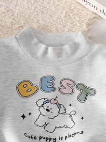 Genkimix Kids 女童韩版高领罗纹可爱毛茸茸小狗图案长袖运动衫 - 灰色 - 查看 5