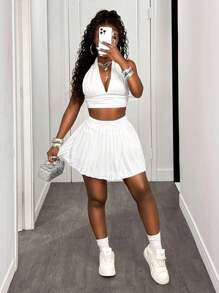 BamGleam Solid Pleated Hem Skort - White - View 6