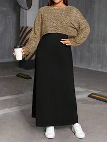 SHEIN Essnce 大码女装春秋季时尚休闲宽松舒适基础款日常灰色长袖露脐上衣和黑色马甲长裙两件套，春季服装，连衣裙套装，曲线套装，女士秋季服装 - 杏色 - 查看 6