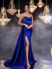 Glamrae Thanh lịch, Lãng mạn, Gợi cảm, Tối giản, Xanh navy, Sa tanh, Trang trí dây kim cương giả, Không dây, Trang trí xếp ly, Ôm sát, Có gọng, Viền đuôi cá, Xẻ tà bên hông, Đuôi tàu, Thời trang, Người có ảnh hưởng, Ngày lễ, Kỳ nghỉ, Tiệc sinh nhật, Đám cưới, Đầm dạ hội trang trọng - Xanh đậm - Xem 5