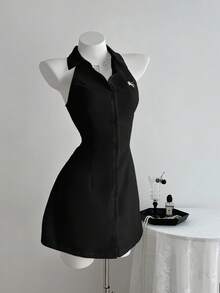 Elamini 白色无袖刺绣修身A字连衣裙，春夏 - 黑色 - 查看 3