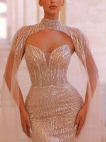 Glamrae 优雅奢华串珠亮片花卉两件套美人鱼连衣裙，适合婚礼、派对、度假、庆典、正式场合（重度装饰） - 卡其色 - 查看 1