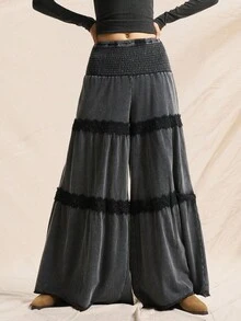 Easelle Fashion Holiday Retro Lace Edge Wide Leg Pants Snow-Washed Wide Leg Trousers Splicing Lace Retro Casual Autumn And Winter Fall Clothes Women - Black - View 1