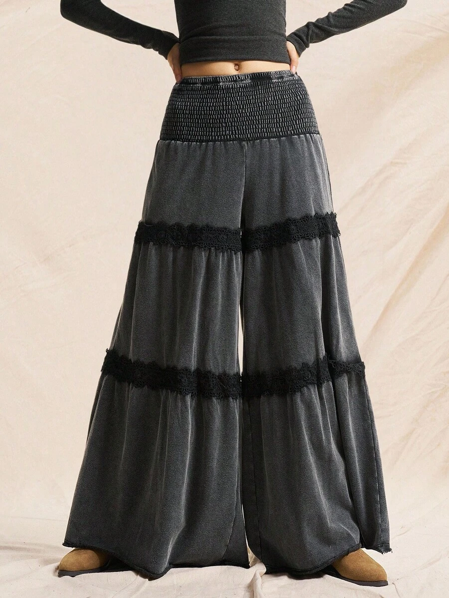 Easelle Fashion Holiday Retro Lace Edge Wide Leg Pants Snow-Washed Wide Leg Trousers Splicing Lace Retro Casual Autumn And Winter Fall Clothes Women - Black - View 1