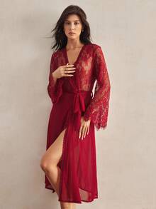 Charlaine 法式蕾丝网眼斜裁女士睡袍 - 紅色 - 查看 6
