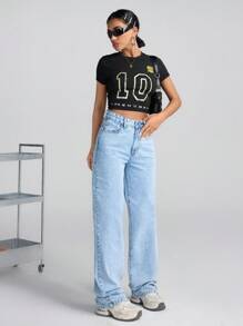 EURMUSE HIGH WAIST Straight Leg Jeans Snow Wash Women S Clothes Woman S Summer Clothes Women S Bottoms Wide Leg Jeans - Medium Wash - View 4