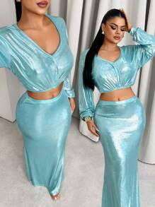 Sirith 女士秋季亮面V领长袖露脐上衣和褶皱紧身鱼尾裙套装，时尚派对秋季女装 - 薄荷藍 - 查看 1