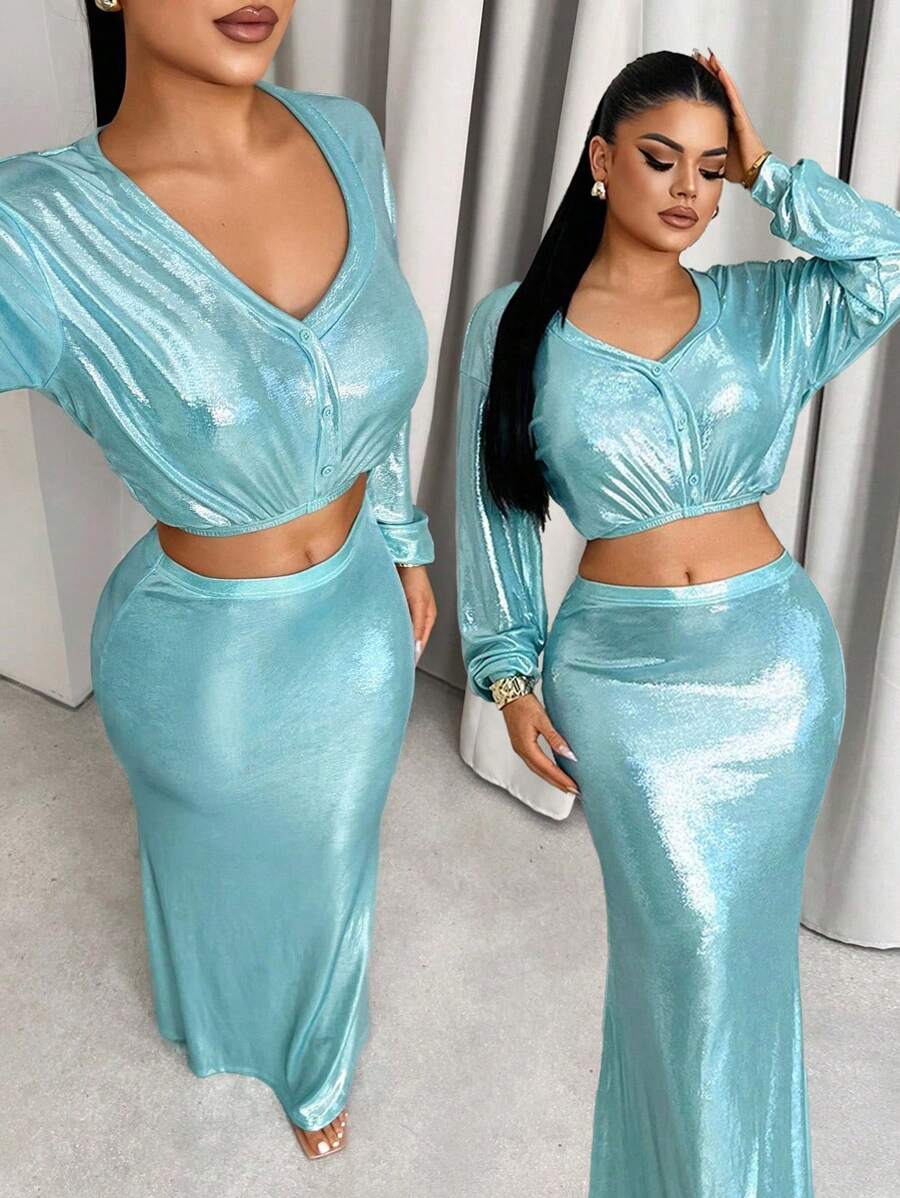 Sirith 女士秋季亮面V领长袖露脐上衣和褶皱紧身鱼尾裙套装，时尚派对秋季女装 - 薄荷藍 - 查看 1