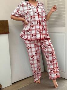 SHEIN 大码格子蝴蝶结印花泡泡皱短袖上衣和裤子家居服套装 - 紅色 - 查看 6