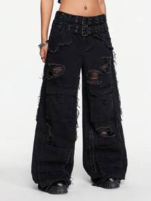 ROMWE Street Life 女式宽松做旧阔腿牛仔裤，双腰带设计 - 黑色 - 查看 4