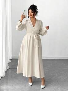 Elenzga Plus Size Women Elegant Long Sleeve Bowknot A-Line Dress, Autumn/Winter Fall Cloth For Women - Yellow - View 6