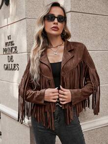 SHEIN LUNE Autumn Fashionable Retro Fringe Hem Jacket,Fall,Brown Jacket - Brown - View 4