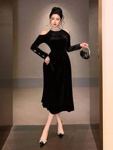 DAZY Váy dự tiệc thanh lịch khoét vai và đính đá, dáng dài vừa phải dành cho nữ, váy dạ hội mùa thu - màu đen - Xem 7