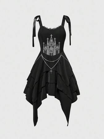 Goth Vestido midi con decoración de cadena cruzada, cuello cuadrado con encaje, bajo asimétrico y con volantes, estampado de castillo gótico de Halloween