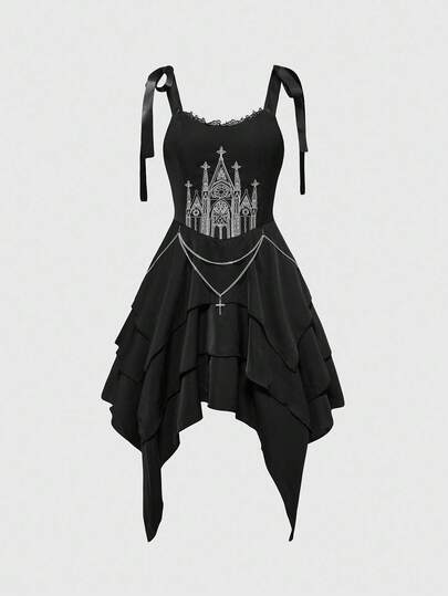 Goth Vestido midi con decoración de cadena cruzada, cuello cuadrado con encaje, bajo asimétrico y con volantes, estampado de castillo gótico de Halloween
