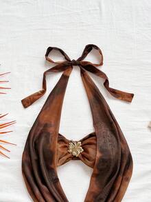 Soleia 女式日落渐变色低胸花卉金属扣装饰露背上衣和多层荷叶边下摆迷你裙 2 件套，休闲度假海滩巡航假日鸡尾酒会礼服，适合所有季节、音乐节、波西米亚度假 - 彩色 - 查看 3