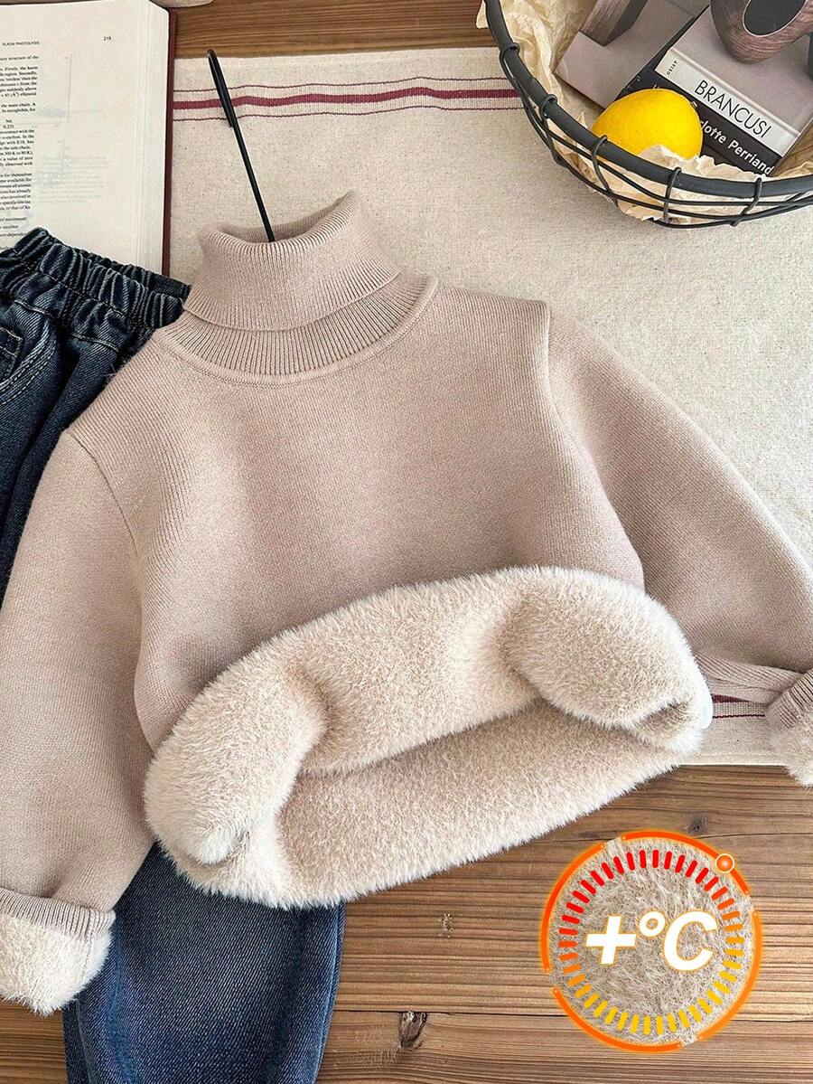 SHEIN 1 件装年轻男童休闲学院风舒适纯色百搭宽松套头高领毛衣,可作为打底或外套 - 杏色 - 查看 1