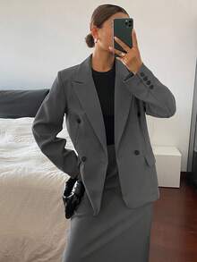 DAZY 女士秋季长款西装外套和中长裙套装商务装 - 灰色 - 查看 6