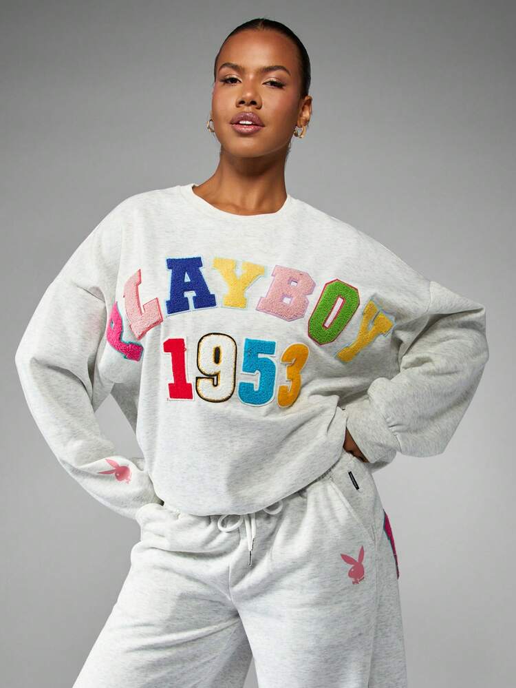 Missguided x Playboy Oversized Sweatshirt With Colorful Applique Letter Patches And Number Design For Casual Winter Wear