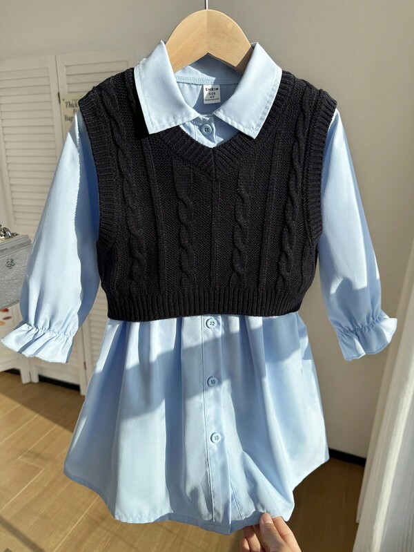 SHEIN Cute Knitted Vest & A-Line Dress 2-Piece Set For Young Girl, Stylish