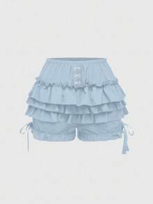 ROMWE Goth Dark Academia Style Women Pumpkin Shorts With Cute 3-Layer Ruffle Hem And Bow Decor - Blue - View 3