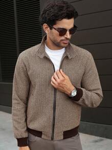 Manfinity CasualCool Áo khoác kẻ caro kéo khóa cổ điển thường ngày dành cho nam, mùa thu - Cà phê nâu - Xem 5