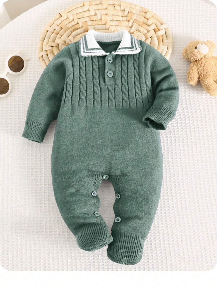 SHEIN Pelele de bebé recién nacido niño/niña con cuello vuelto, mono de punto de cable, adecuado para usar en otoño/invierno, interior y exterior