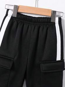 Young Boys' Casual Loose Fit Dark Gray Floral Print Sweatpants With Black Drawstring Waist And Pockets, Versatile For School, Home, Daily Wear, Sports, Birthday Party, Outings - Basic & Minimalist Fall Winter - Black - View 4