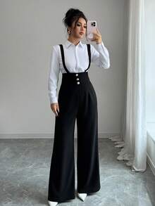 Elenzga Quần ống đứng thanh lịch lãng mạn dành cho nữ có dây đeo ở eo và nút cài trang trí - màu đen - Xem 5