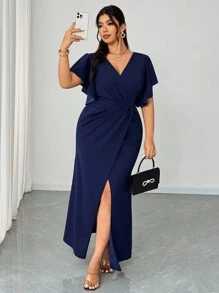 Elenzga 加大码轻盈礼服，优雅浪漫荷叶边袖 V 领腰部修身鱼尾下摆连衣裙，适合婚礼宾客、派对、宴会