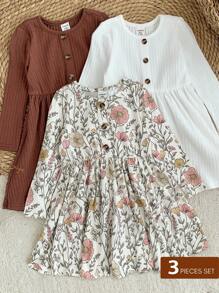 LMoss Kids Bộ 3 váy cổ tròn dệt kim họa tiết hoa cho bé gái - Nhiều màu - Xem 7