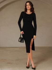 Chiquease 欧美风圆领开衩水钻缀饰长袖女式毛衣裙 - 黑色 - 查看 7